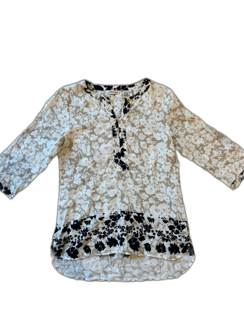 Orvis Linen Blend Floral Tunic Top Women's Cream Black Beach Coastal Boho